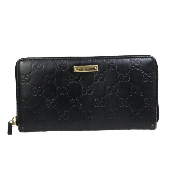 GUCCI Logo Guccissima GG Pattern Long Zipper Wallet Leather Black Gold - Picture 1 of 1